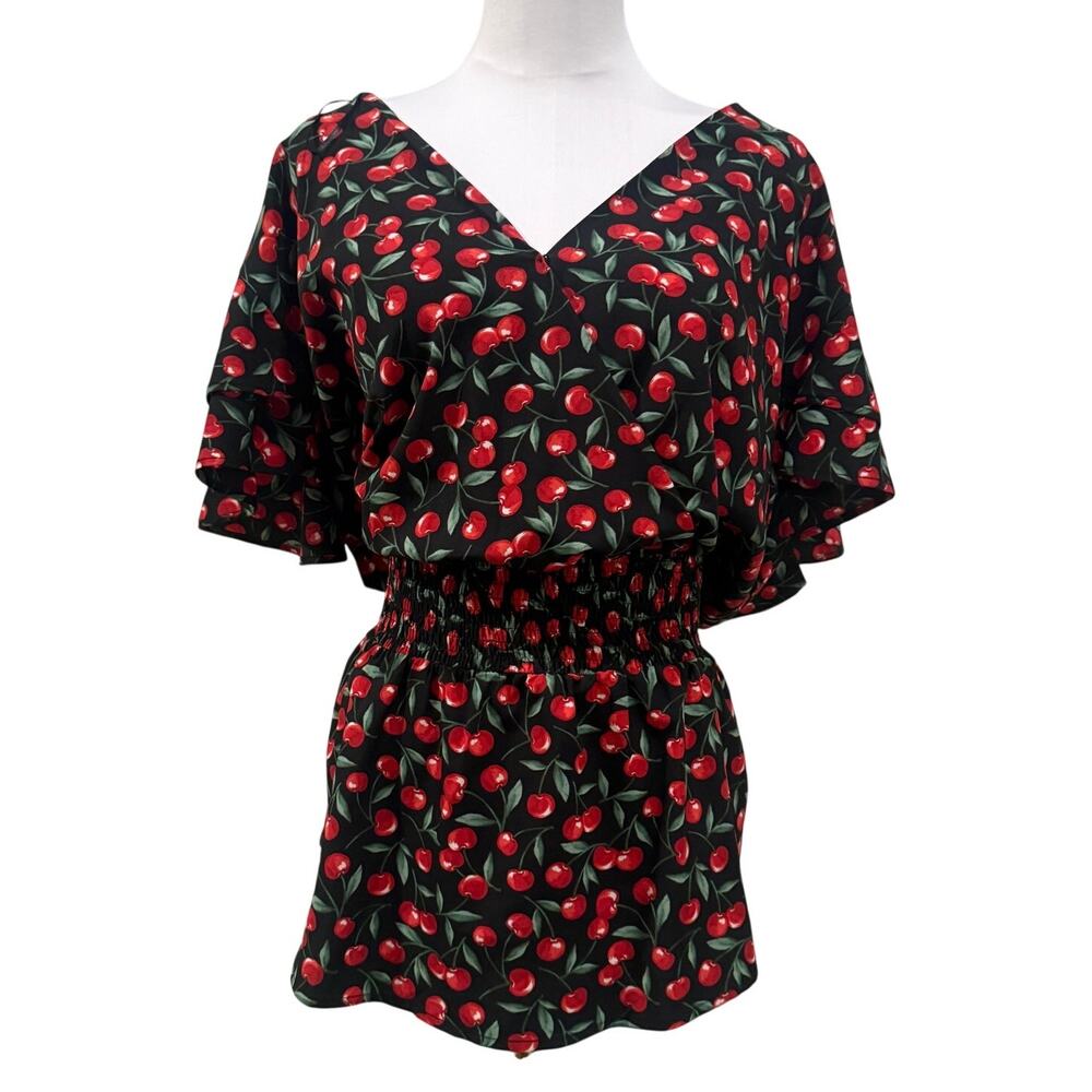 Sweet Rain Cherry Print Smocked  Peplum Shirt 3x  Black Red Retro Rockabilly